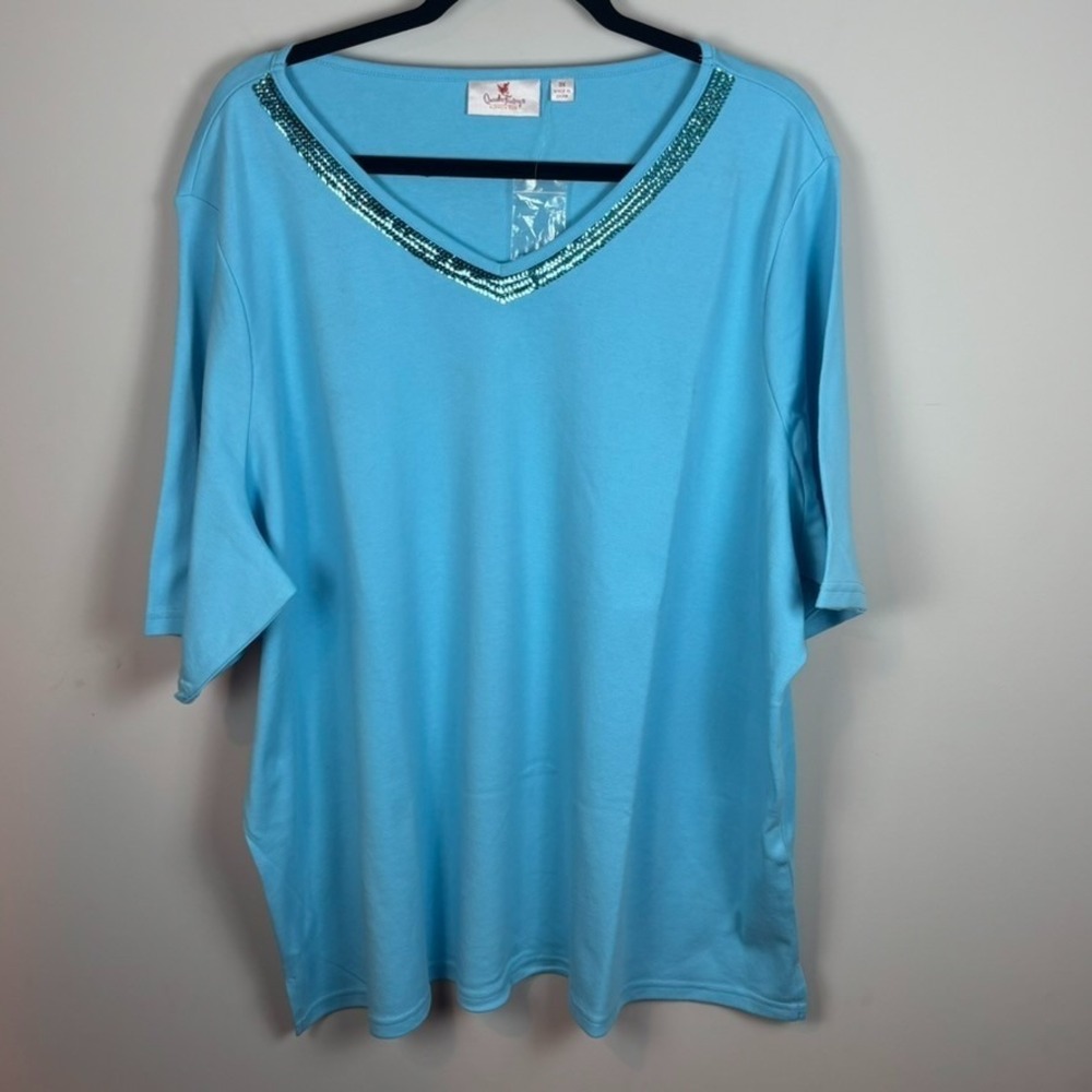 Quacker Factory Womens Turquoise Blue Sequin Embellished Hem 3/4 Sleeve‎ Top 3X